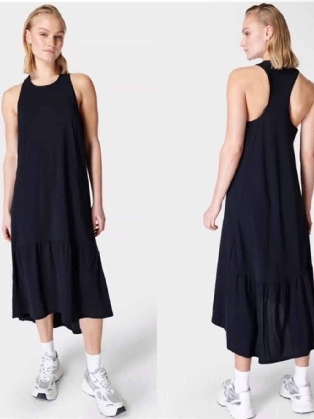Sweaty Betty Explorer Ace Black Racerback Midi Dress with Tiered Hem